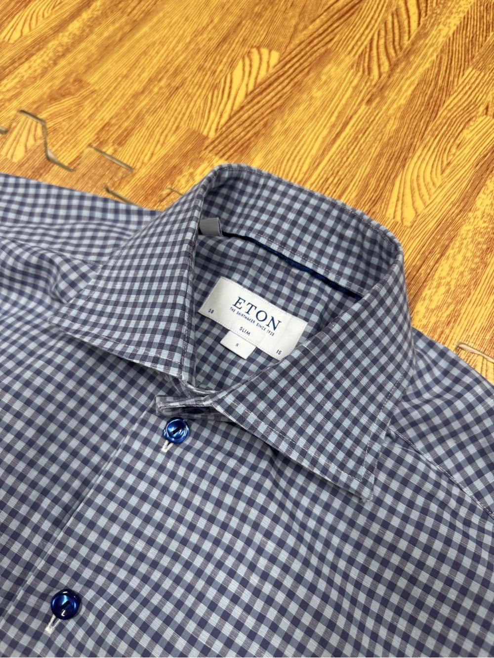 Eton Shirt Mens 38/15 Slim Fit Blue Gingham Check Plaid Button Up Cotton Spread